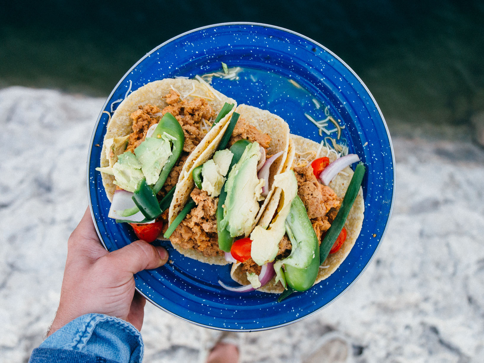 Looking down on a plate of tacos