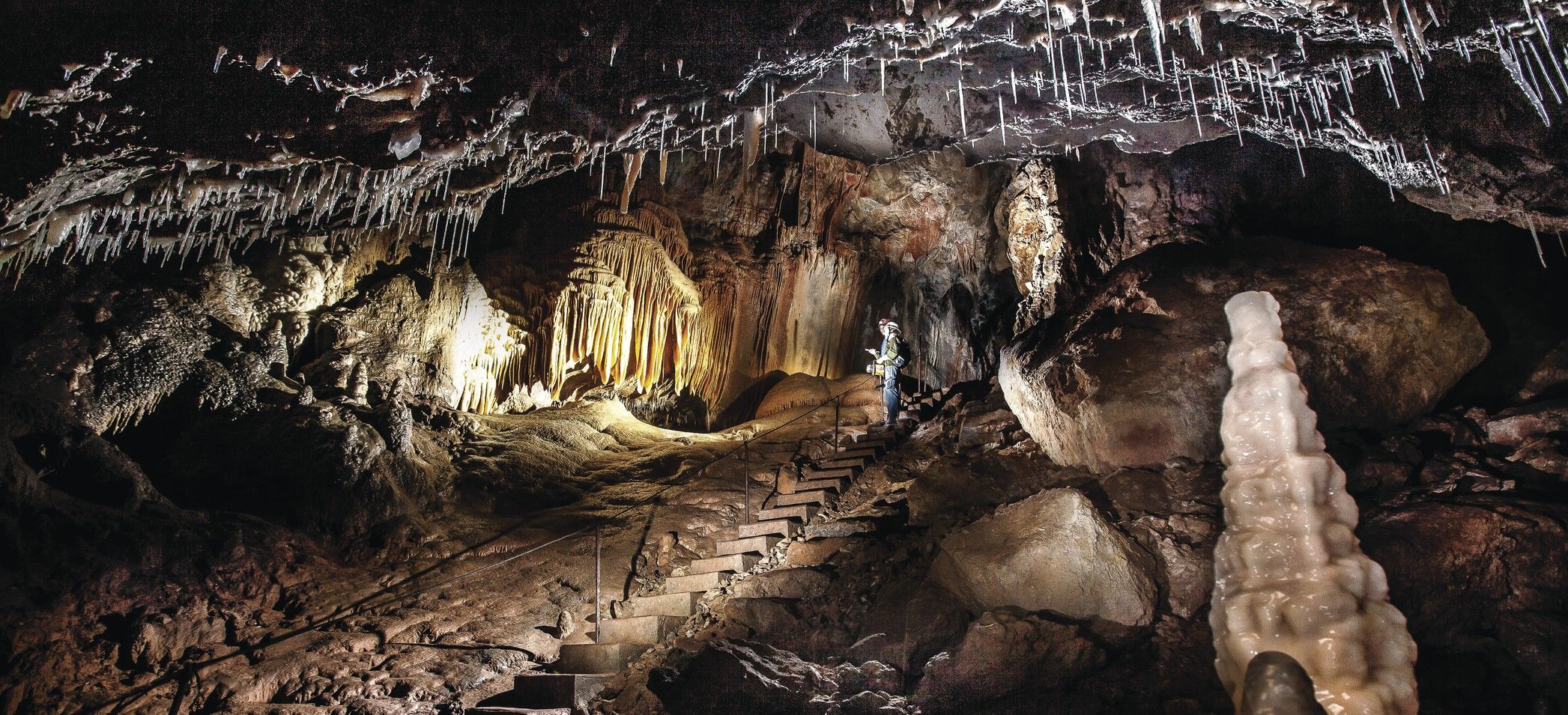 Tall staircase in Castle Cave, Yarrangobilly Caves