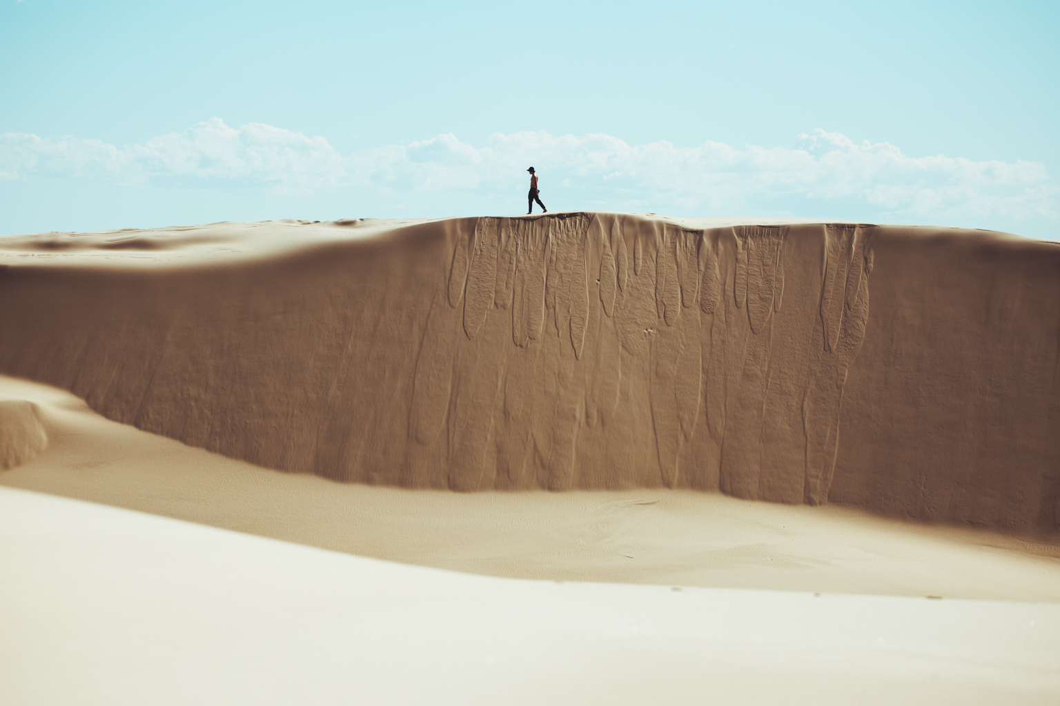 Man walking on the edge of Stockton sand dunes, Worimi National Park. Photo: Tim Clark