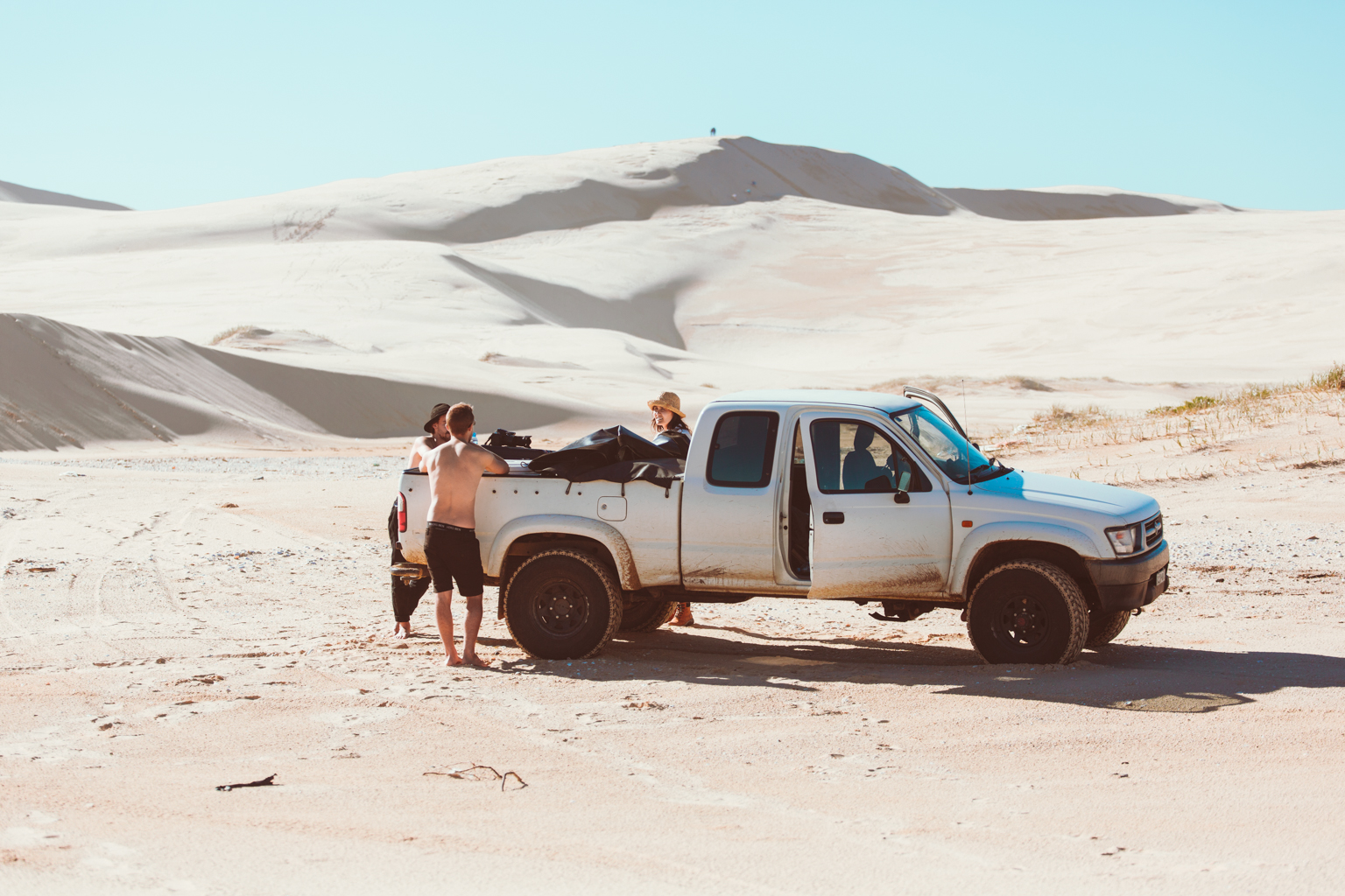 Ute parked on the Stocked sand dunes, Worimi National Park. Photo: Tim Clark