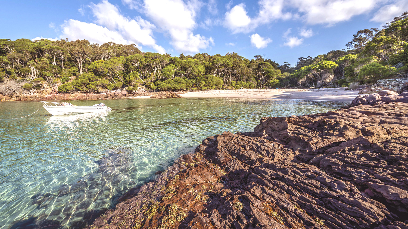Boat anchored at Bittangabee Bay, Beowa National Park. Photo: John Spencer/DPIE