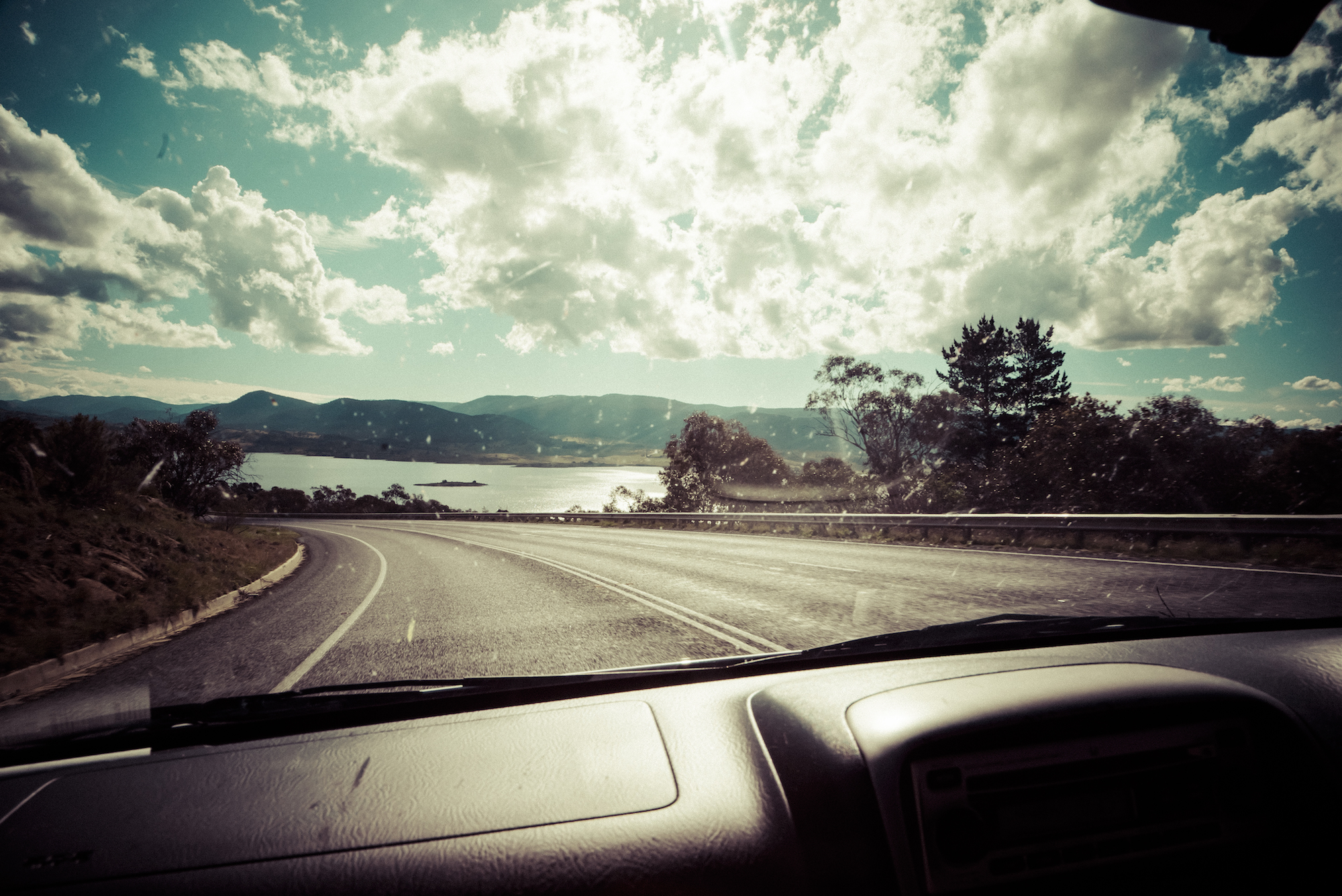 View from a car heading towards Lake Jindabyne, Kosciuszko National Park. Photo: Daniel Parsons/DPIE