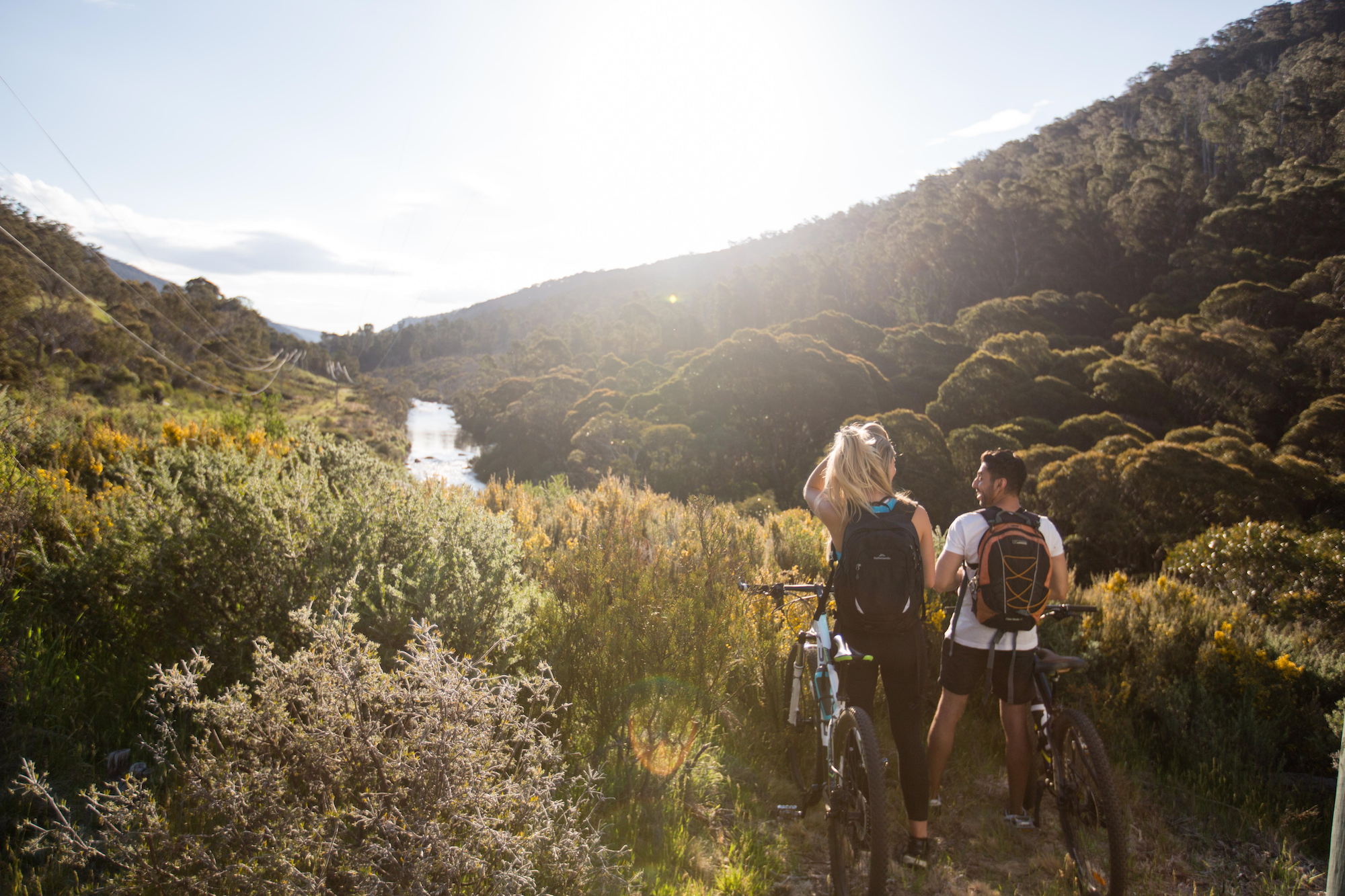 People mountain biking and stopping for a break, Kosciuszko National Park. Photo: Boen Ferguson/DPIE