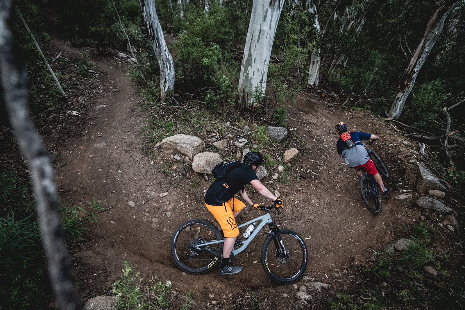 Two guys on switchbacks between Ngarigo and The Diggings campground, Thredbo Valley track, Thredbo-Perisher area in Kosciuszko National Park. Photo credit: Rob Mulally/DPIE