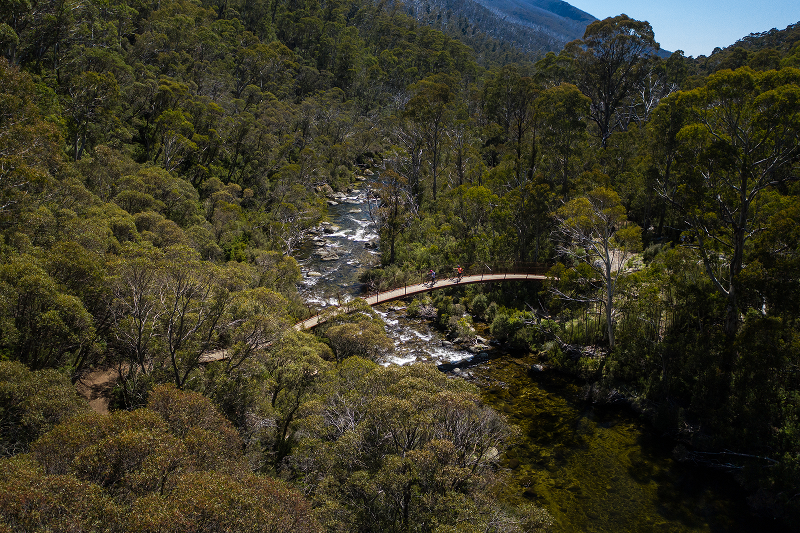 Aerial view of Bridge 5, Thredbo Valley track, Thredbo-Perisher area in Kosciuszko National Park. Photo credit: Rob Mulally/DPIE