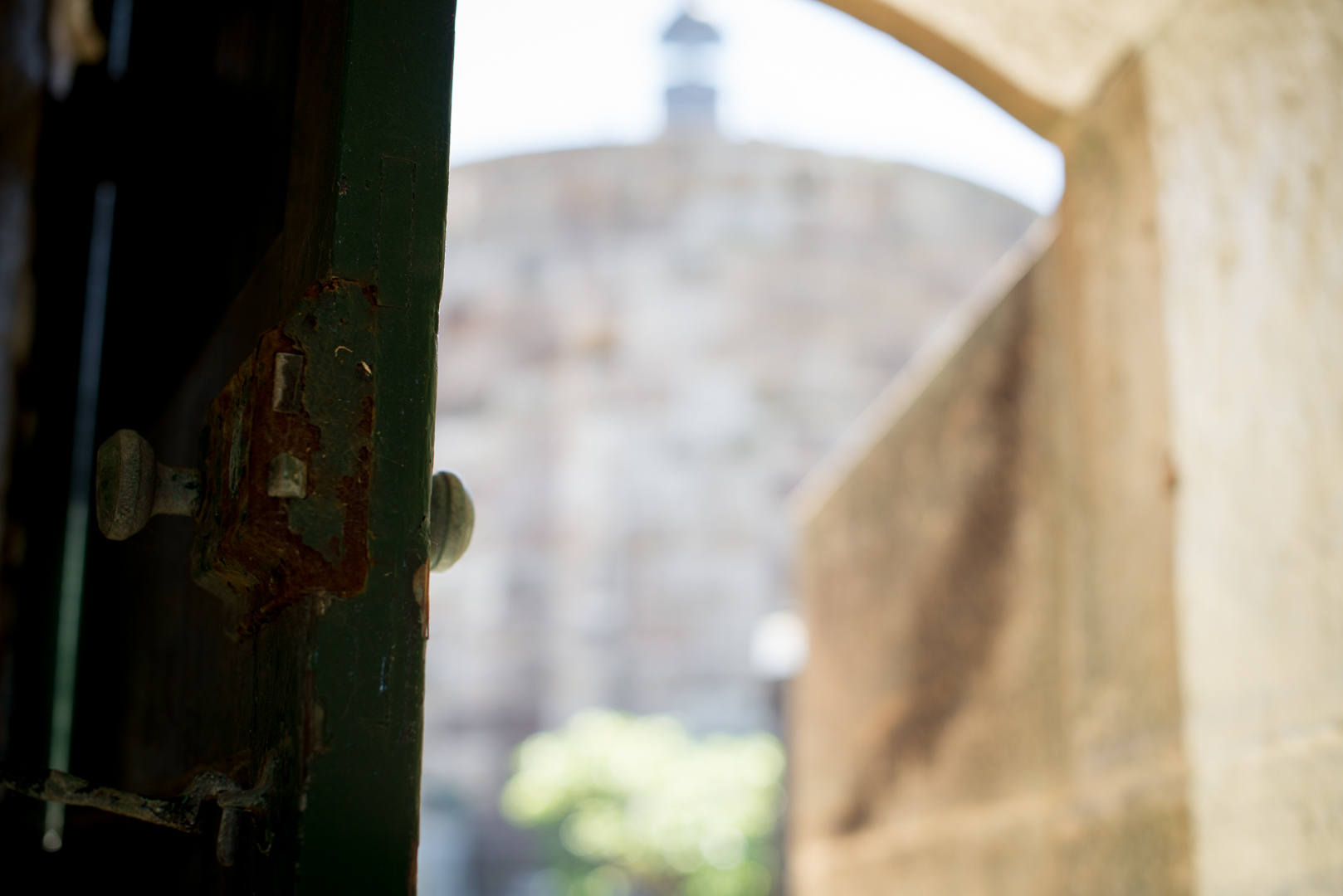 Blurred imaged of Martello Tower, seen through a building on Fort Denison, Sydney Harbour National Park