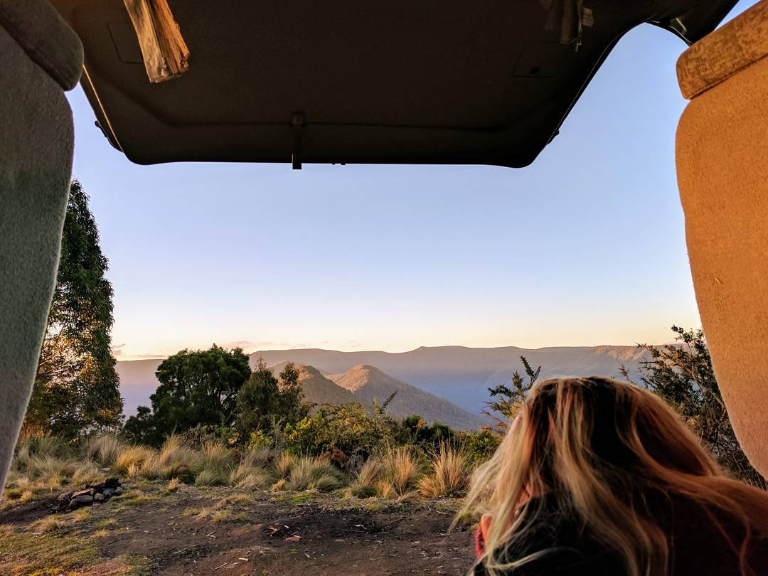 Looking out the back of the car in a NSW national park campground. Photo: © Instagram @mynameiskyell