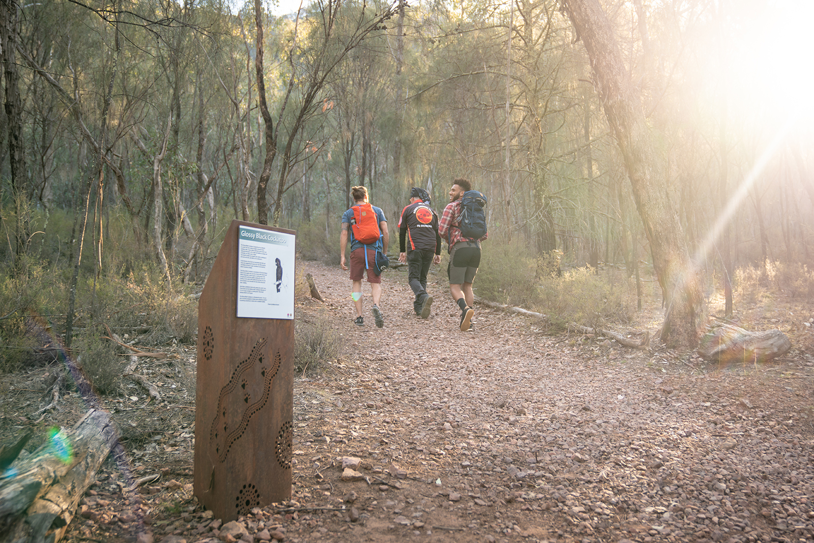 Three people on a hike on the Yerong walking track, The Rock Nature Reserve - Kengal Aboriginal Place. Photo credit: Rob Mulally/DPIE