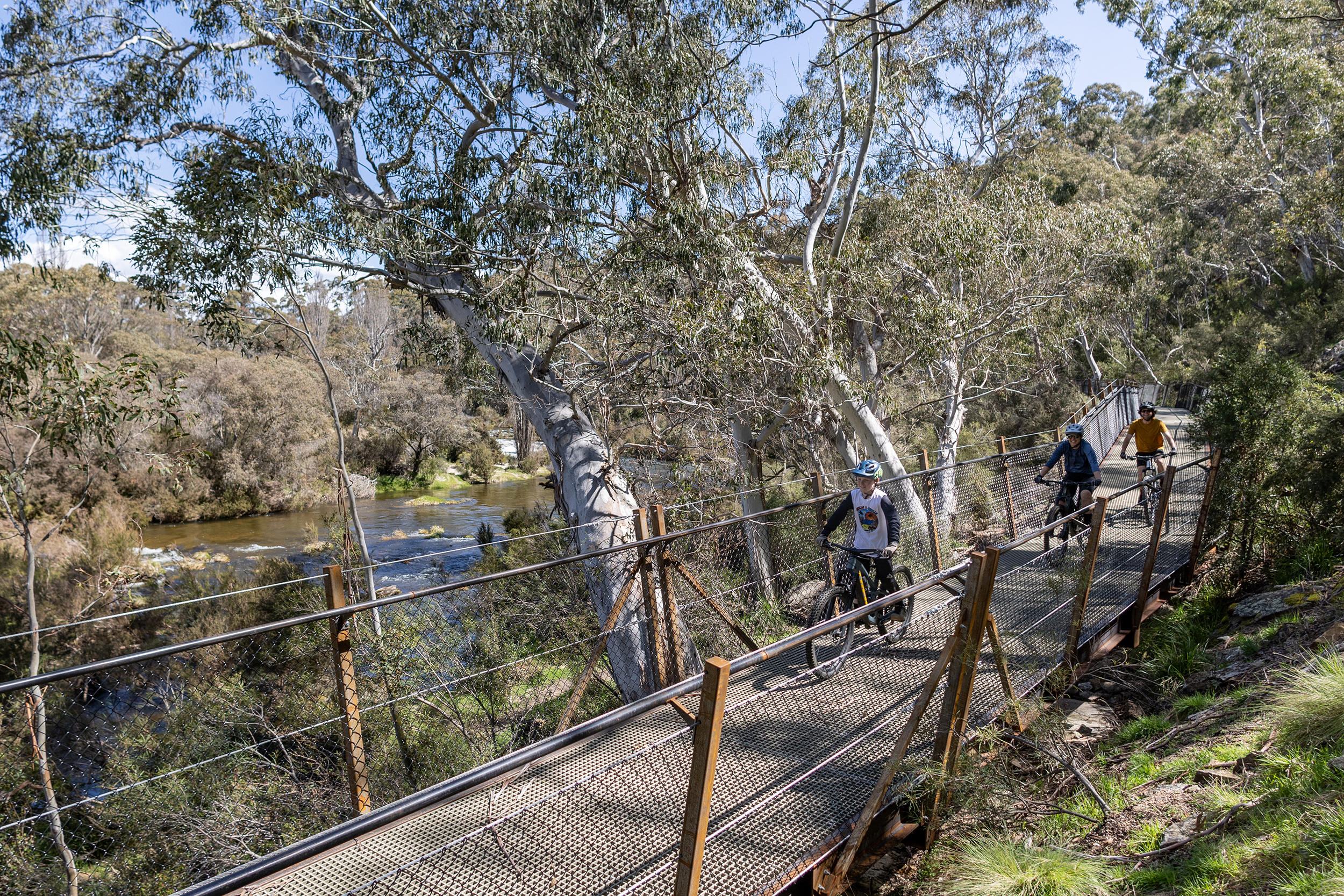 Two people rmountain biking on the Gaden Bridge to Thredbo River Picnic Area, Kosciuszko National Park. Photo credit: Boen Ferguson / DPE
