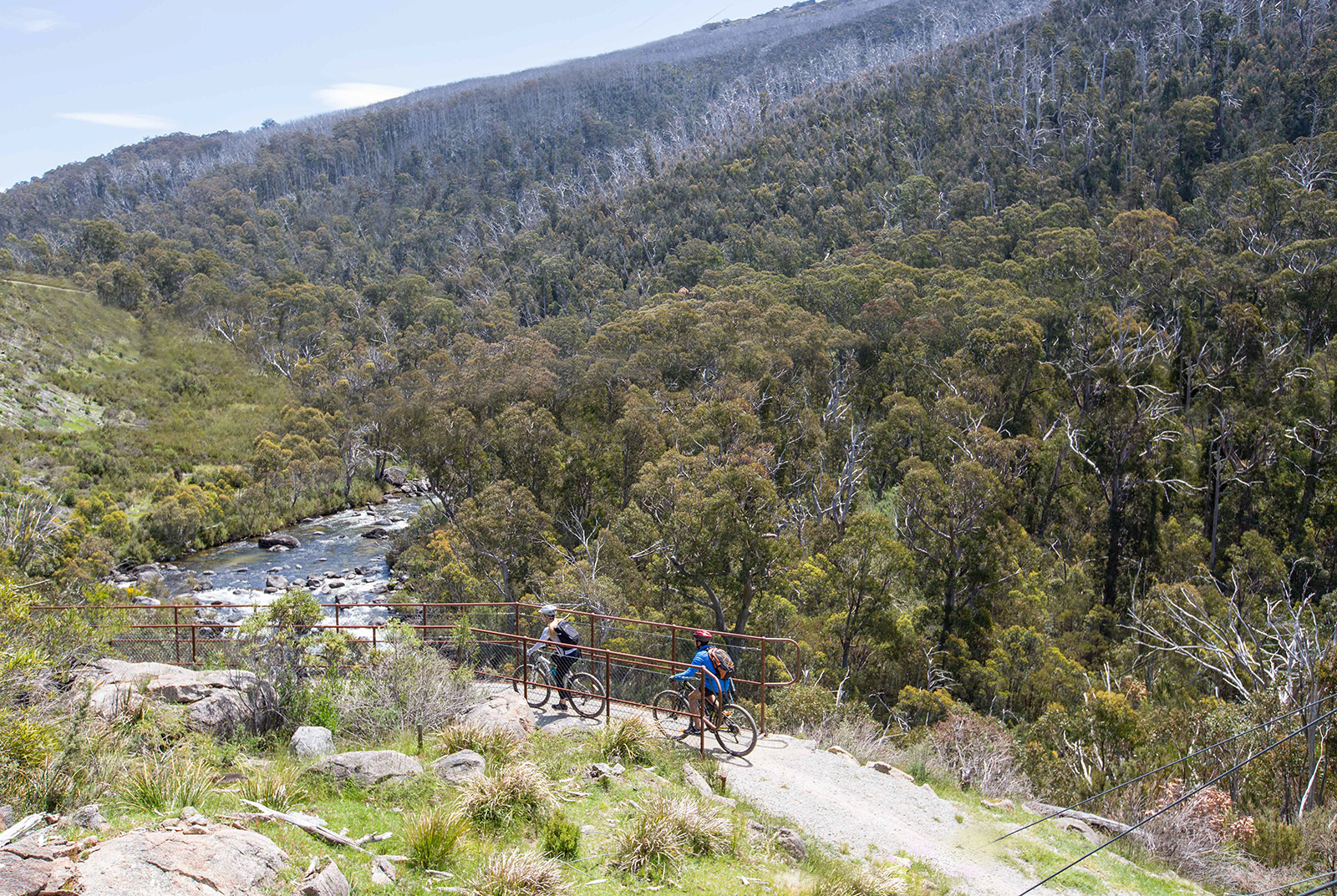 Two people riding on the Thredbo Valley track, Thredbo-Perisher area in Kosciuszko National Park. Photo credit: Boen Ferguson/DPIE