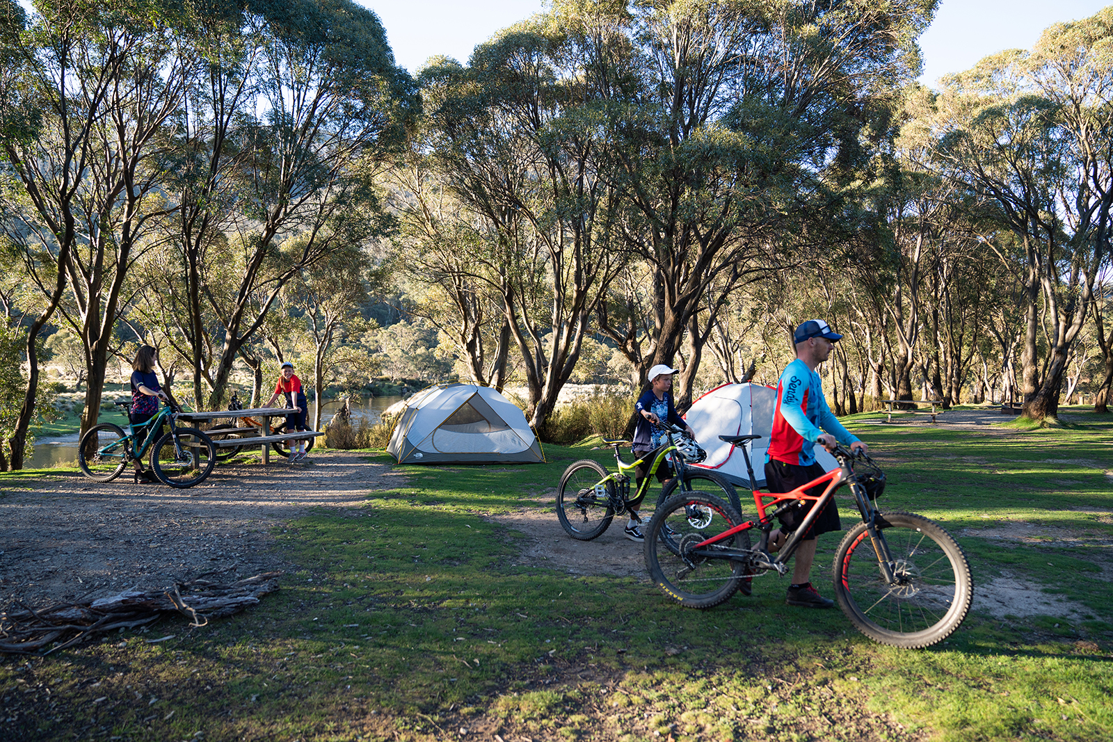 A family of four camping in Thredbo Diggings campground, Thredbo-Perisher area in Kosciuszko National Park. Photo credit: Rob Mulally/DPIE