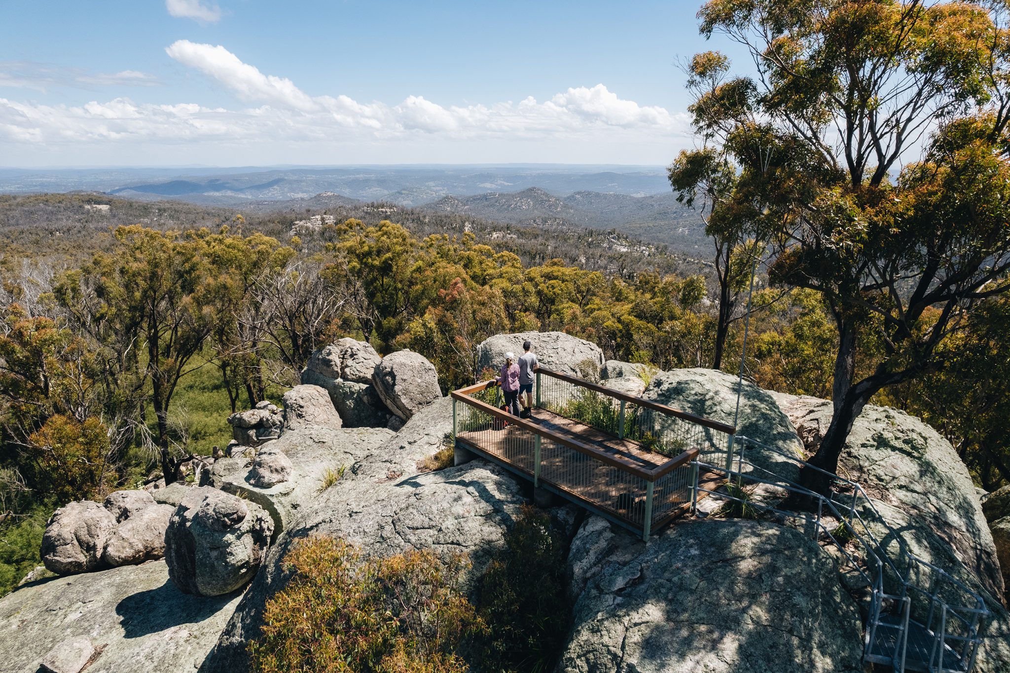 Aerial shot of two people at the Thunderbolts lookout. Photo credit: Harrison Candlin © Harrison Candlin / DPE