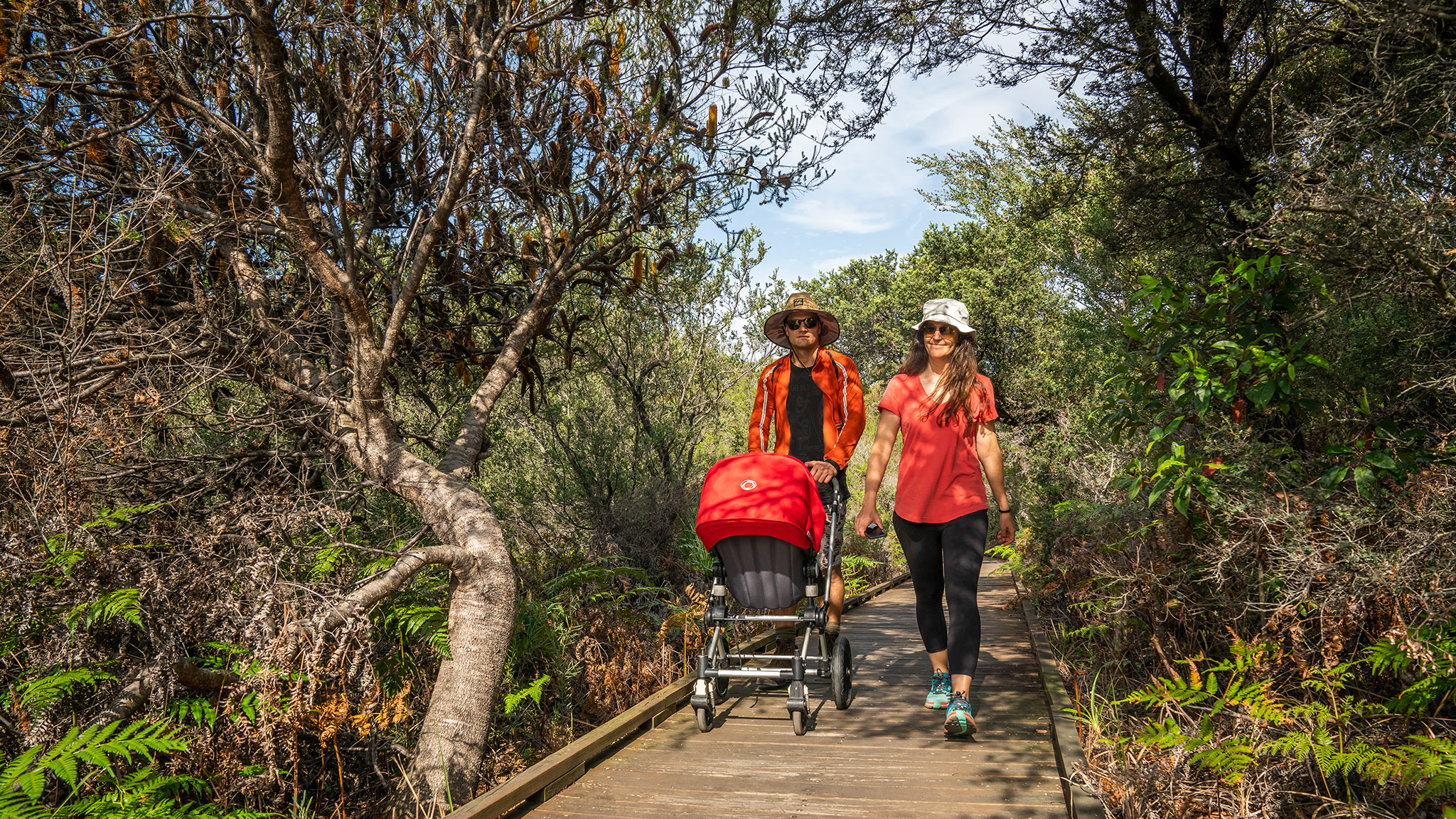 Couple with pram walking along Jennifer Street Boardwalk, Kamay Botany Bay National Park. Photo credit: John Spencer / DPE