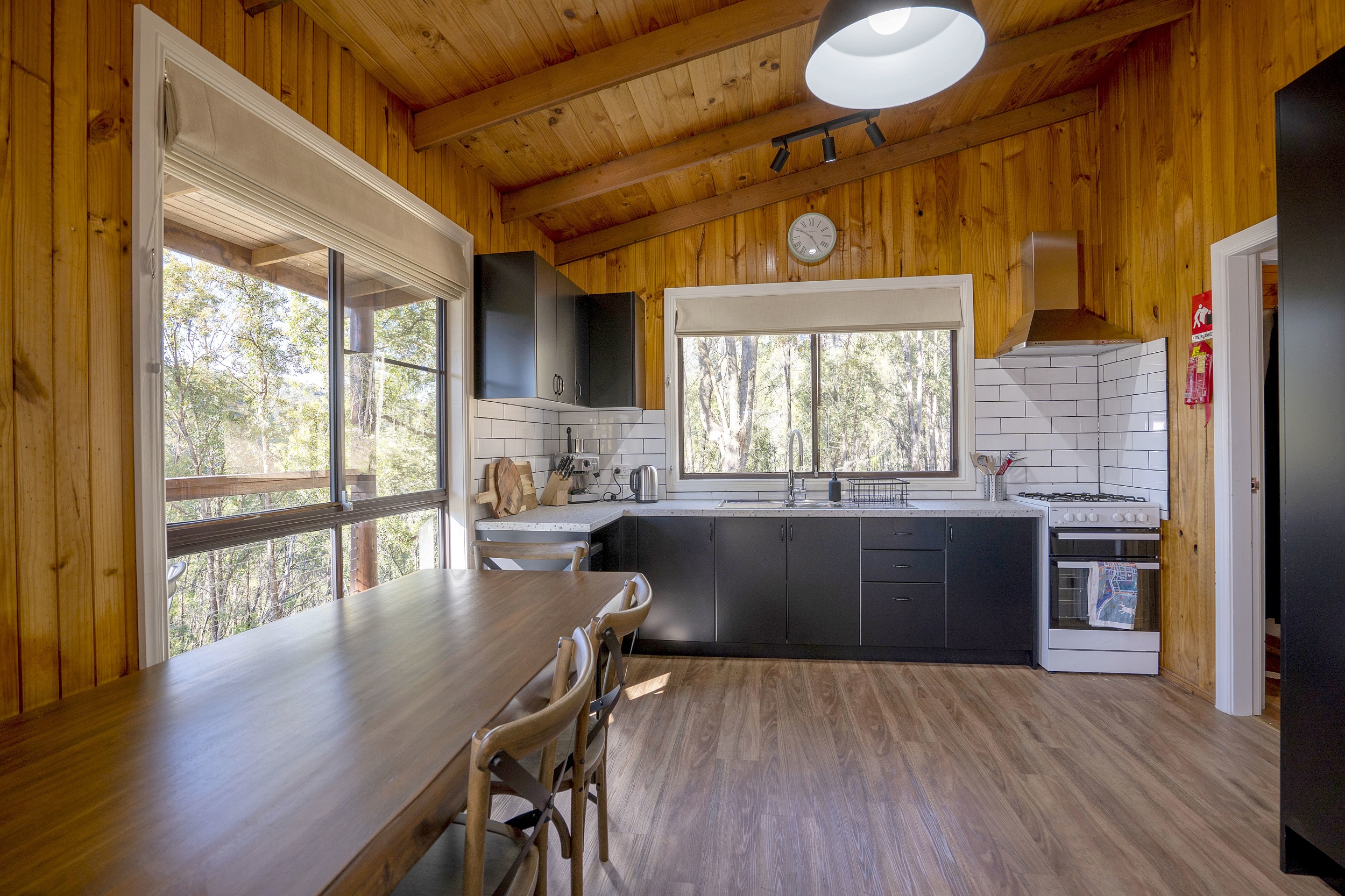 The kitchen and dining room inside Galong Cabins. Photo credit: Simone Cottrell/DCCEEW