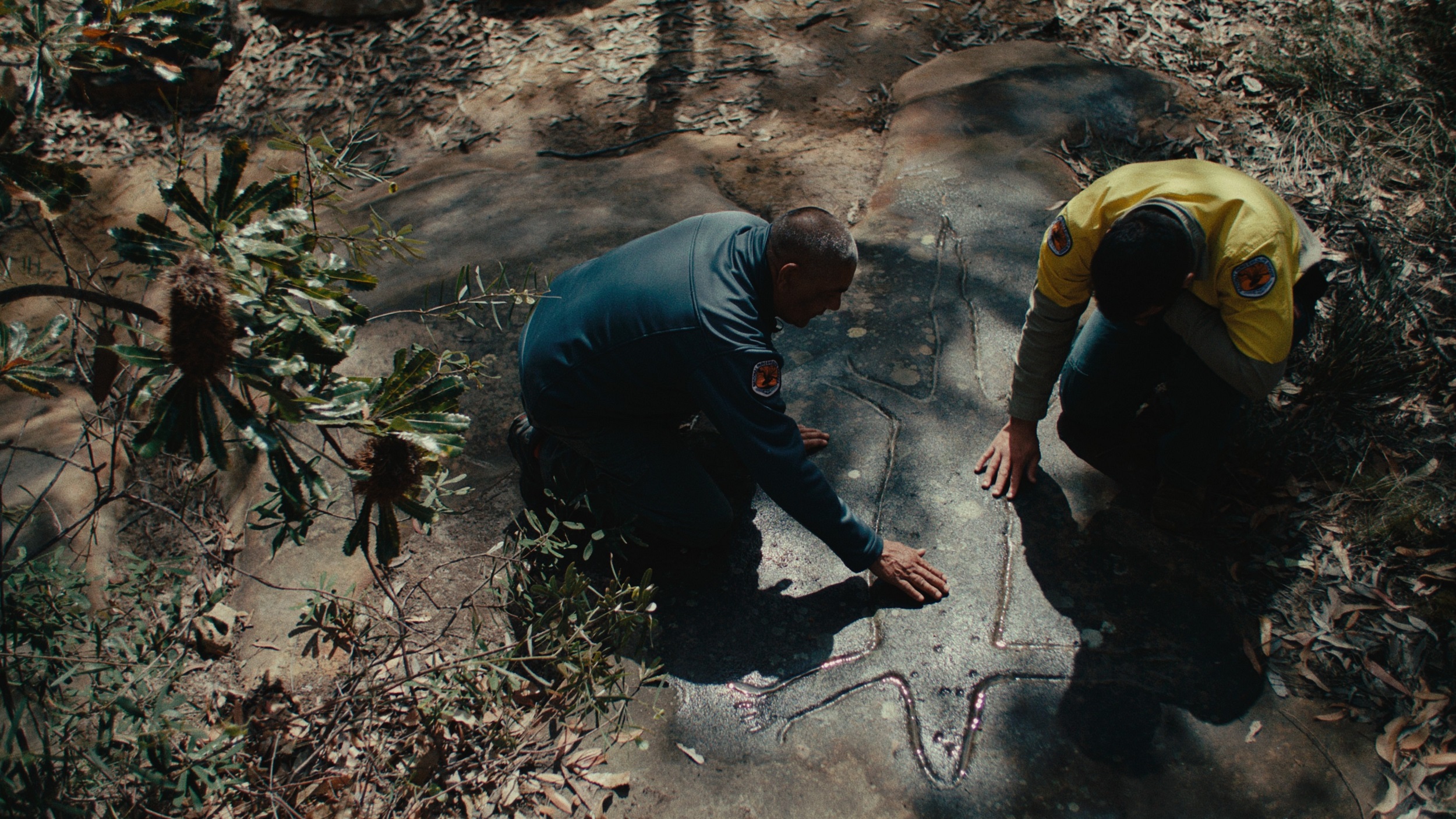 Two NPWS rangers looking at Aboriginal engravings in Ku-ring-gai Chase National Park. Photo credit: Aristo Risi/DCCEEW
