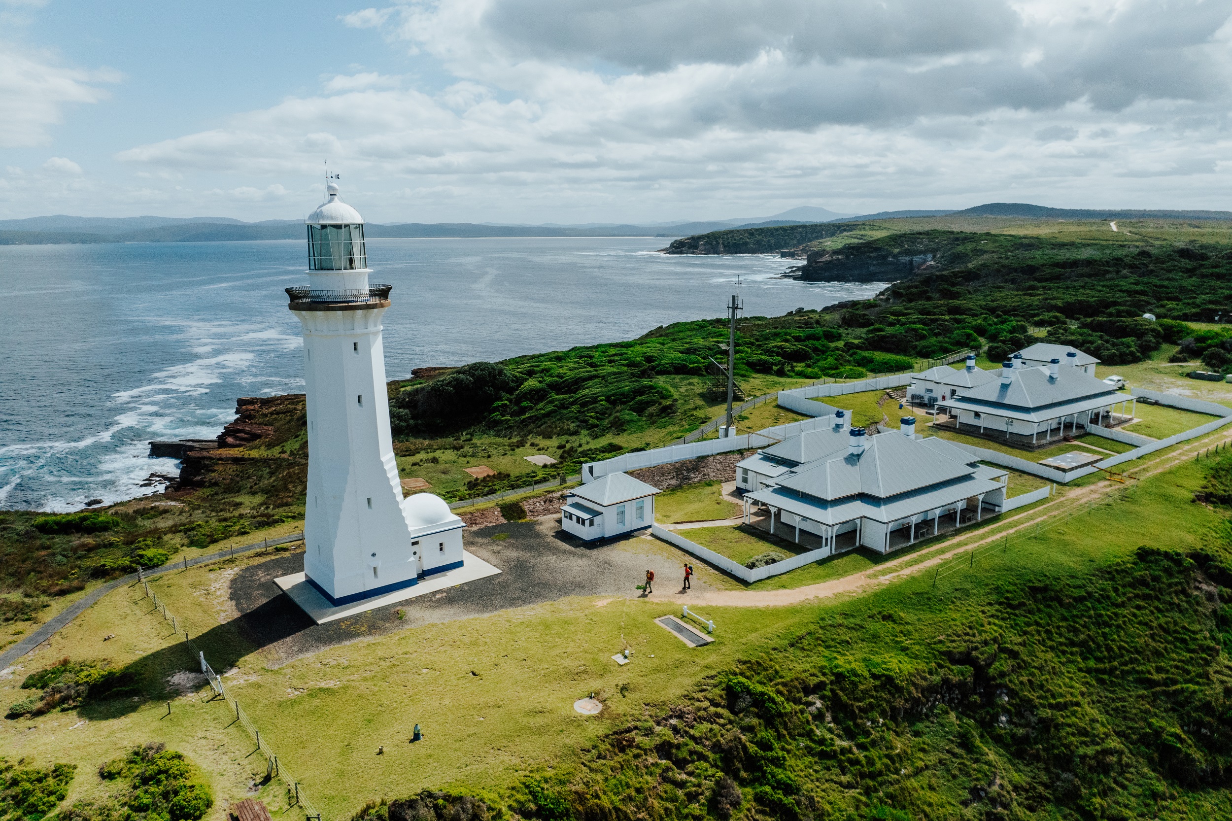 A bird's-eye view of Green Cape Lighthouse on the Light to Light Walk. Photo credit: Daniel Parsons/DCCEEW © Studio Bilby