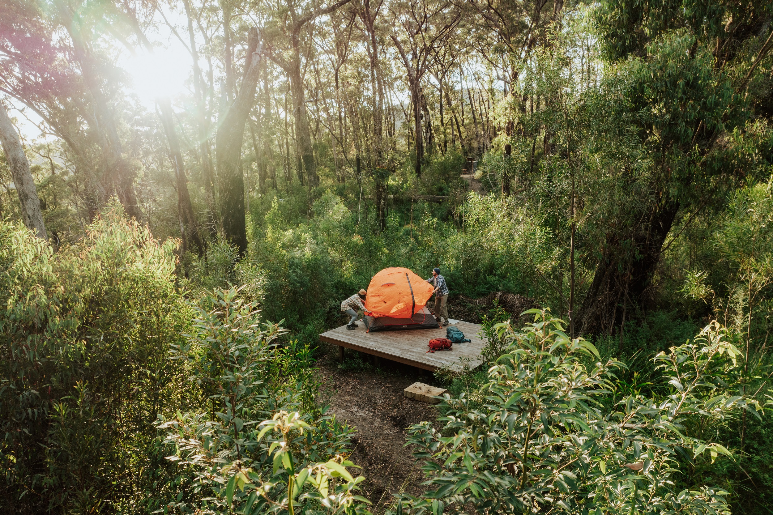 Two hikers setting up a tent on a camping platform at Sand Ridge campground. Photo: Daniel Parsons/DCCEEW © Studio Bilby