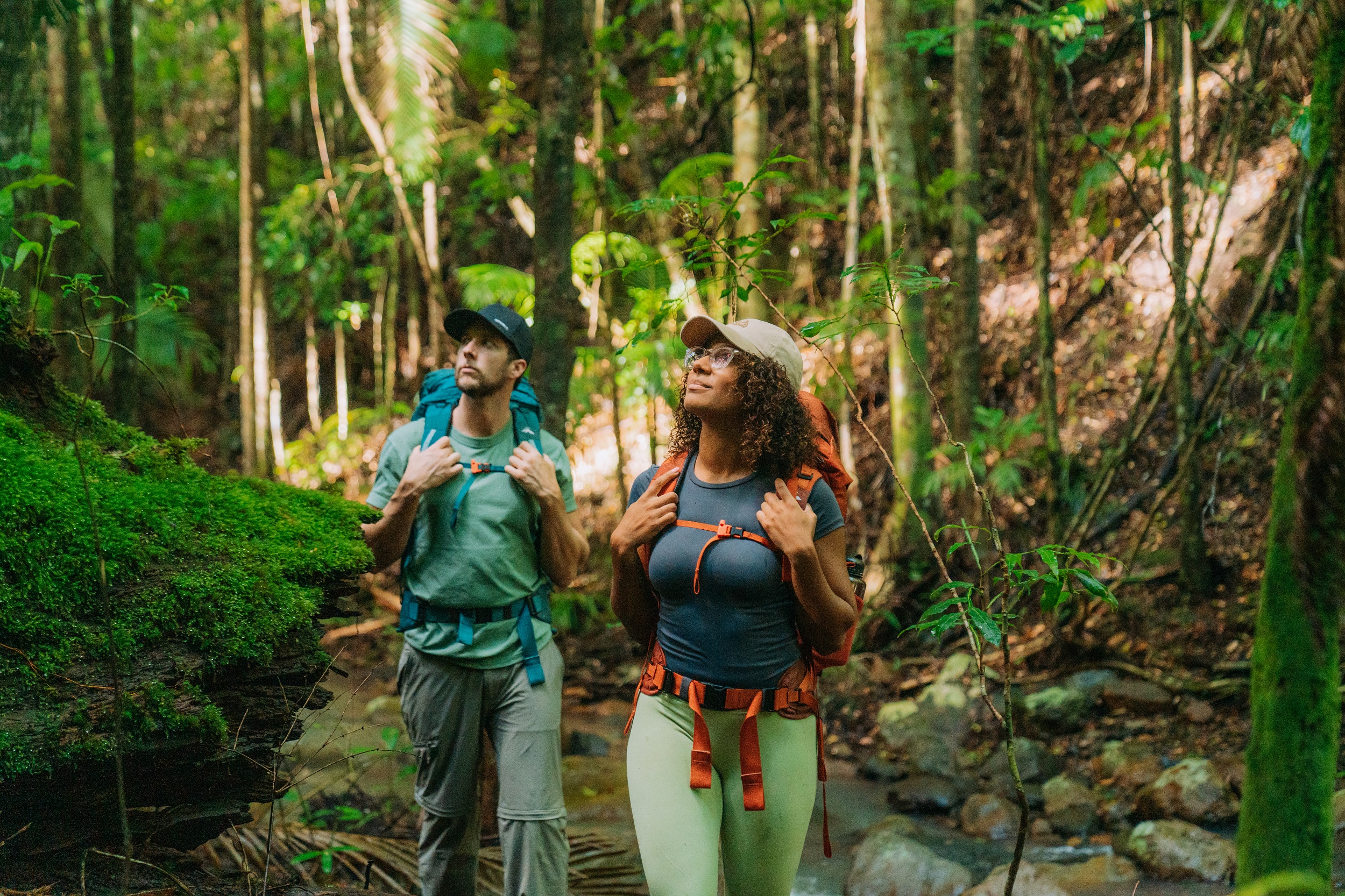 Two hikers walking beside a stream on Gidjuum Gulganyi Walk. Photo: Remy Brand/DCCEEW © Studio Bilby