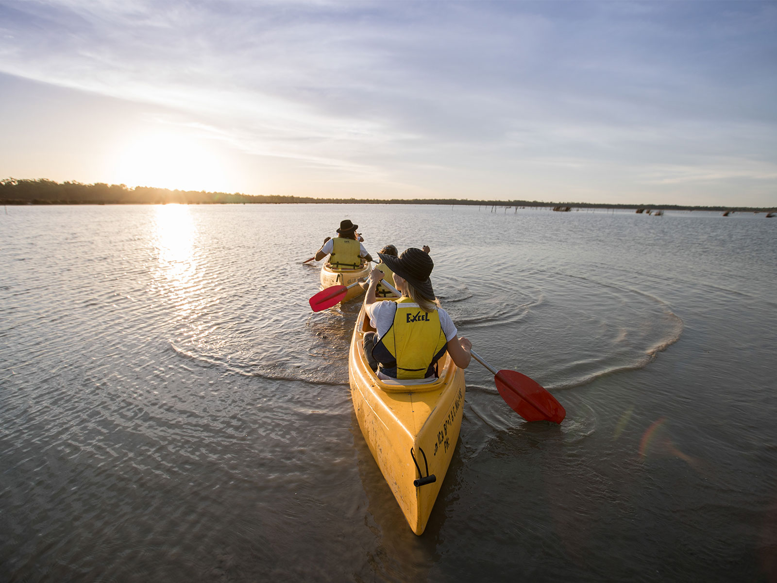 A family in two canoes paddles down the Murray River, Murray Valley National Park. Photo: Boen Ferguson/DCCEEW © Boen Ferguson