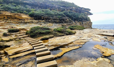 Steps over rock pools on a cliff edge in the Royal National Park along the Coast Track. Credit &copy; Jamie Lowe