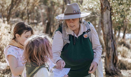 A Discovery ranger showing kids something on a map in the bush on a guided tour. Credit: Breanna A Photography &copy; DCCEEW