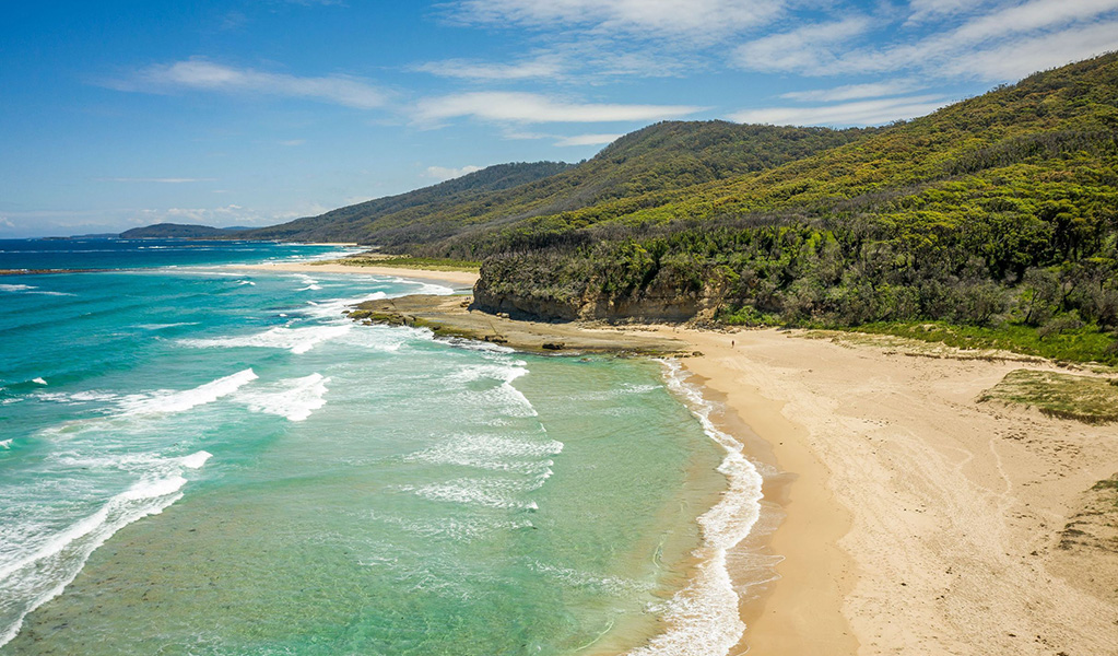 Aerial shot of Pretty Beach in Murramarang National Park on the South Coast. Credit: John Spencer &copy; DPE