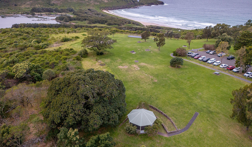 Aerial view of Frasers picnic area in Killalea Regional Park. Credit: John Spencer &copy; DCCEEW