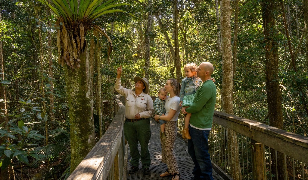 A family on a guided tour with a Discovery ranger on the boardwalk in Sea Acres National Park. Credit: John Spencer &copy; DCCEEW