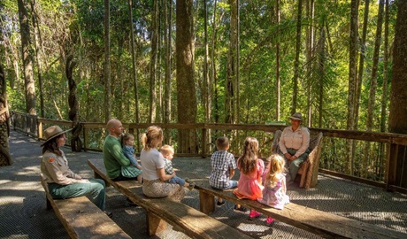 A tour group with kids sitting with a Discovery ranger on the boardwalk in Sea Acres National Park. Credit: John Spencer &copy; DCCEEW