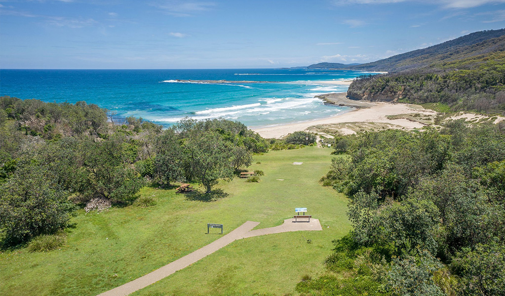 An aerial view of the picnic area at Pretty Beach, Murramarang National Park. Credit: John Spencer &copy; DPE