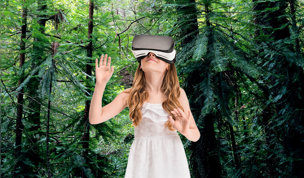 An edited image of a young girl using a virtual reality headset on a background of Wollemi pine trees. Credit &copy: Jaime Plaza/Botanic Gardens Trust