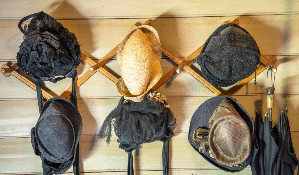 Mourning bonnets hanging on the wall of Craigmoor House. Photo: john Spencer &copy; DPE