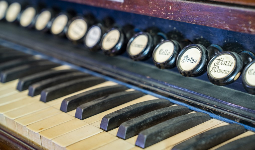 A close-up of one of the pianos at Craigmoor House in Hill End Historic Site. Photo: John Spencer &copy; DPE