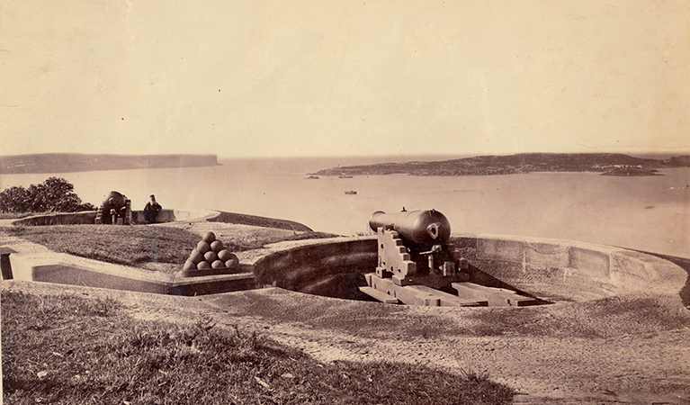 Photo of 80-pounder rifled muzzle loading guns at Outer Middle Head, c.1870s. Credit and &copy; State Library NSW