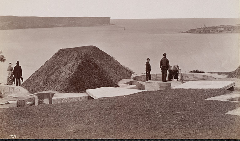 Historic photo of Middle Head’s original Outer Fort with a view out to the heads of Sydney Harbour. &copy; National Library Australia