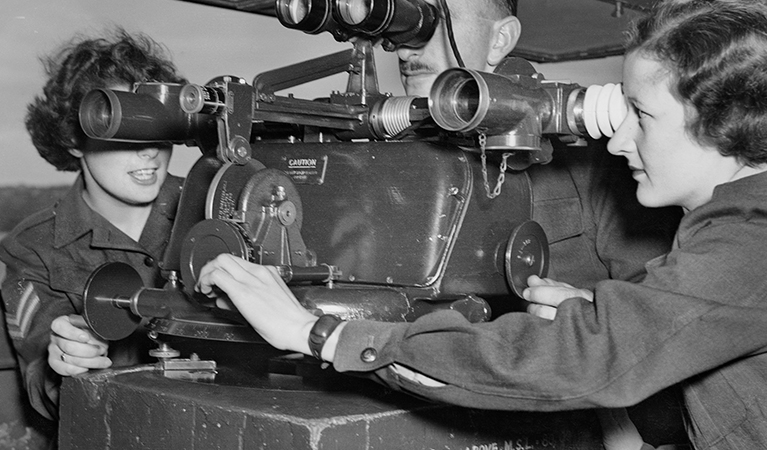 Two women in uniform training in the Womens Army Service in 1944. Credit and &copy; Australian War Memorial
