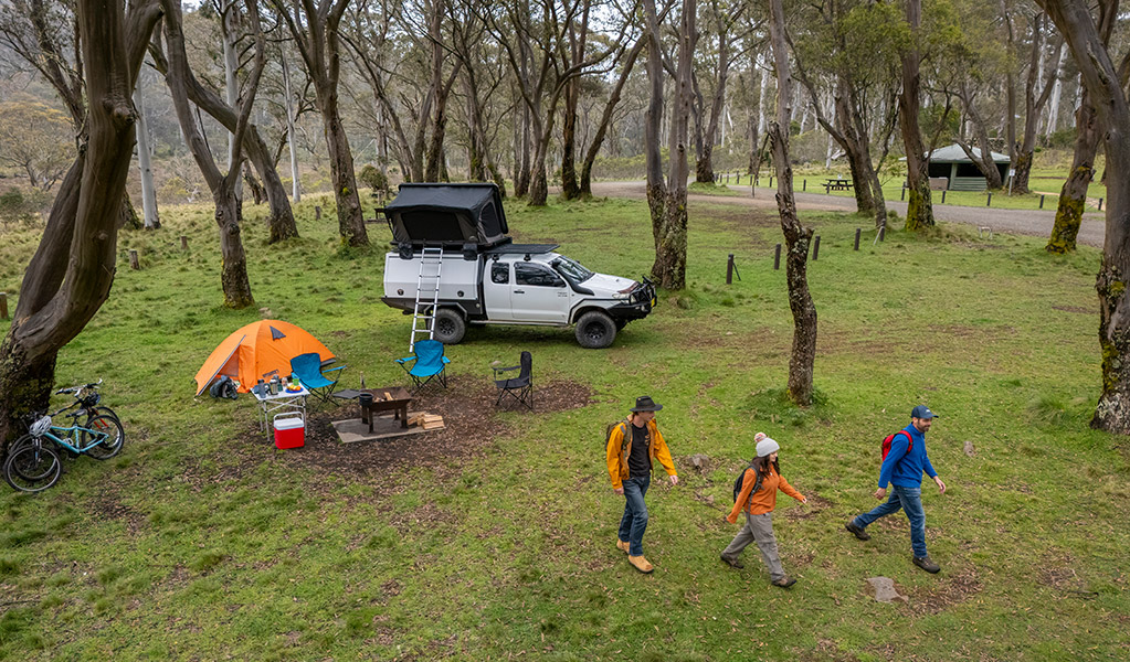 Visitors camping beside their vehicle at Polblue campground and picnic area. Credit: John Spencer &copy; DCCEEW