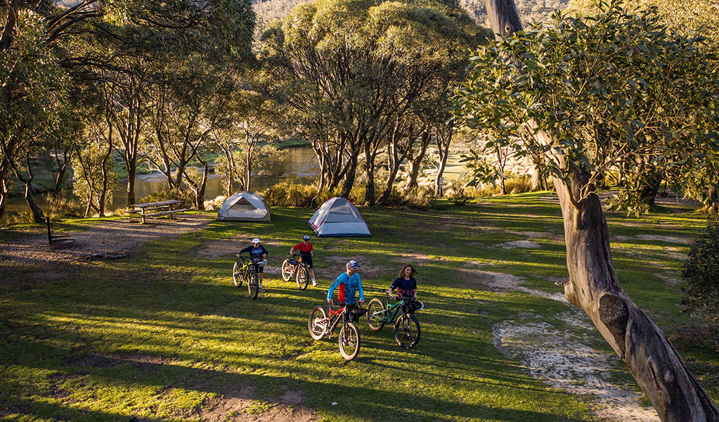 Campers heading off on their bikes at Thredbo Diggings campground. Credit: Robert Mulally/DCCEEW &copy; Robert Mulally