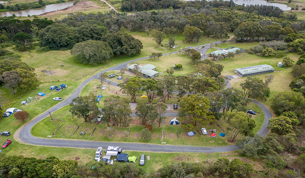 Aerial view of Killalea campground. Credit: John Spencer &copy; DCCEEW
