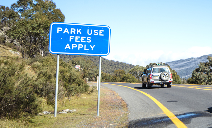 Park fees sign, Alpine Way, Kosciuszko National Park. Photo: Murray Vanderveer/OEH