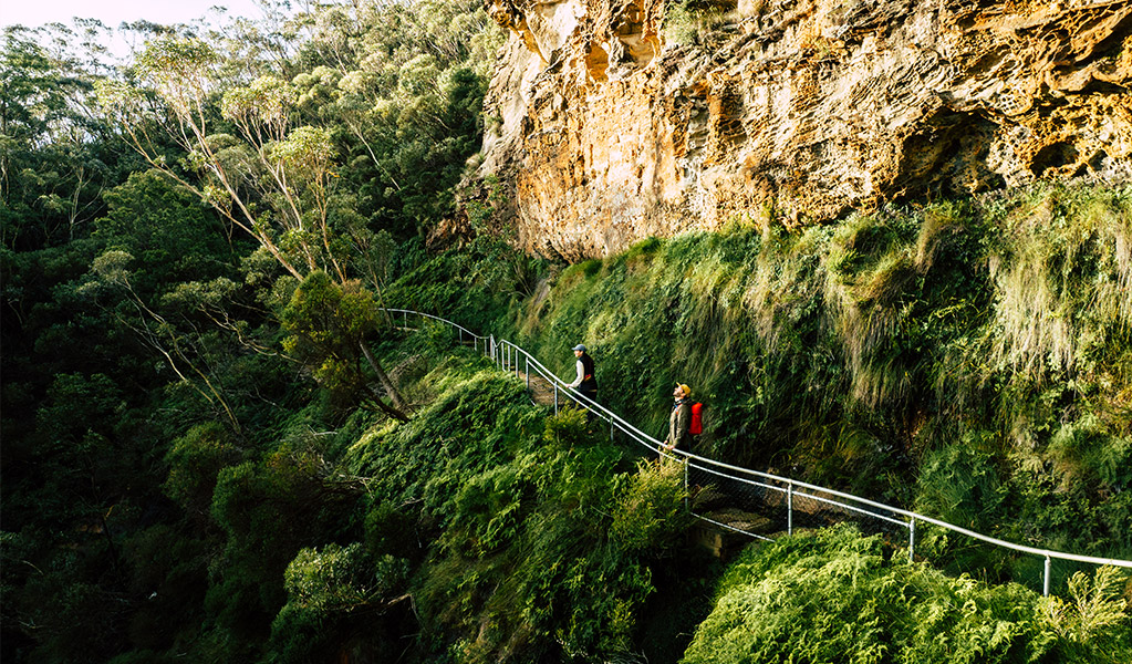 2 walkers following Grand Cliff Top Walk along the cliff edge, Blue Mountains National Park. Photo: Remy Brand &copy; Remy Brand