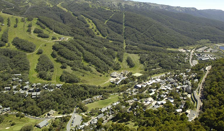 Aerial view of Thredbo village in summer. Photo: Thredbo Resort