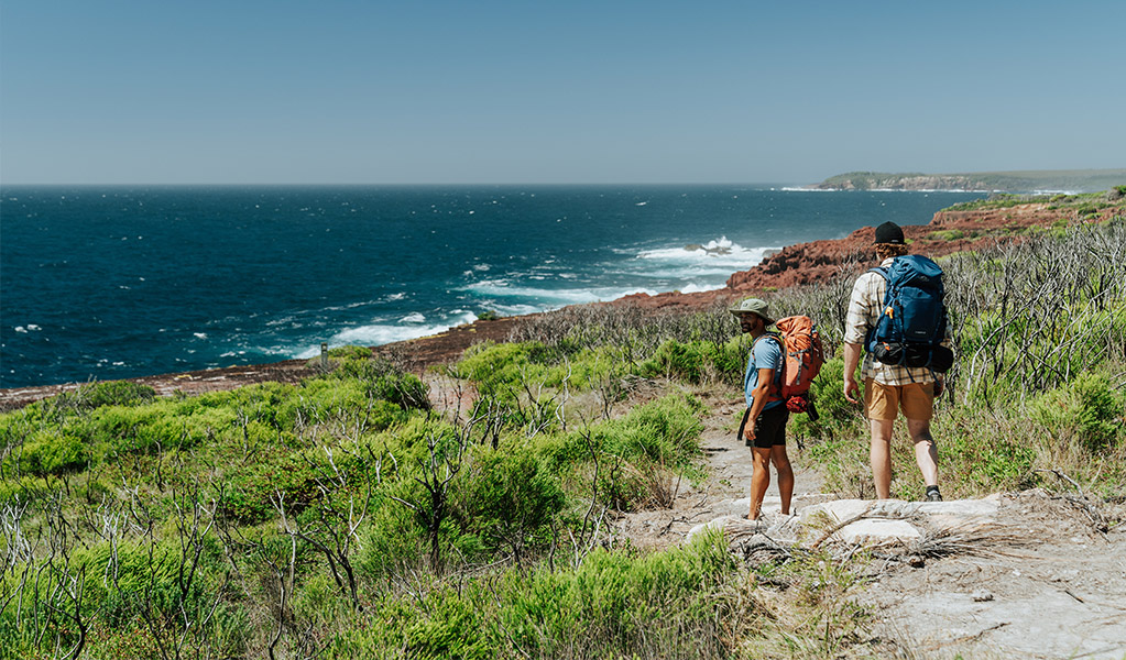 Bushwalkers pausing to admire ocean views on the Light to Light Walk. Credit: Daniel Parsons/DCCEEW &copy; Daniel Parsons