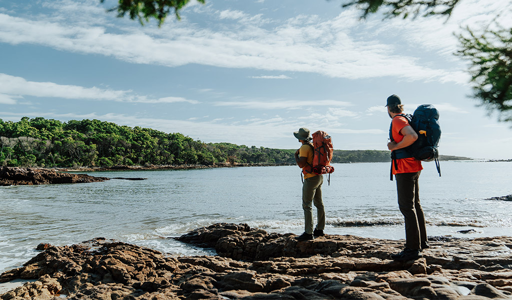 Hikers admiring ocean views at Bittangabee Bay. Credit: Remy Brand/DCCEEW &copy; Remy Brand