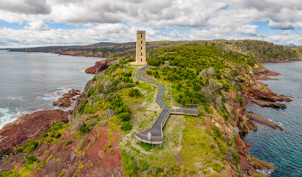 Aerial view of Boyds Tower and the accessible boardwalk. Credit: John Spencer &copy; DCCEEW