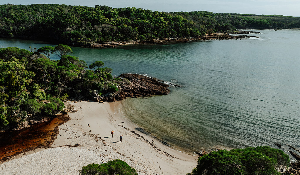 Aerial view of hikers on the beach at Bittangabee Bay. Credit: Daniel Parsons/DCCEEW &copy; Daniel Parsons