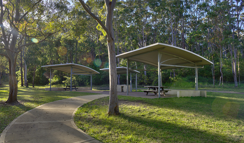 Some picnic shelters, surrounded by lush grass and tall gum trees, at Village Green picnic area and playground, Blue Gum Hills Regional Park. Credit: Stuart Cohen, Bottle Brush Media © DCCEEW