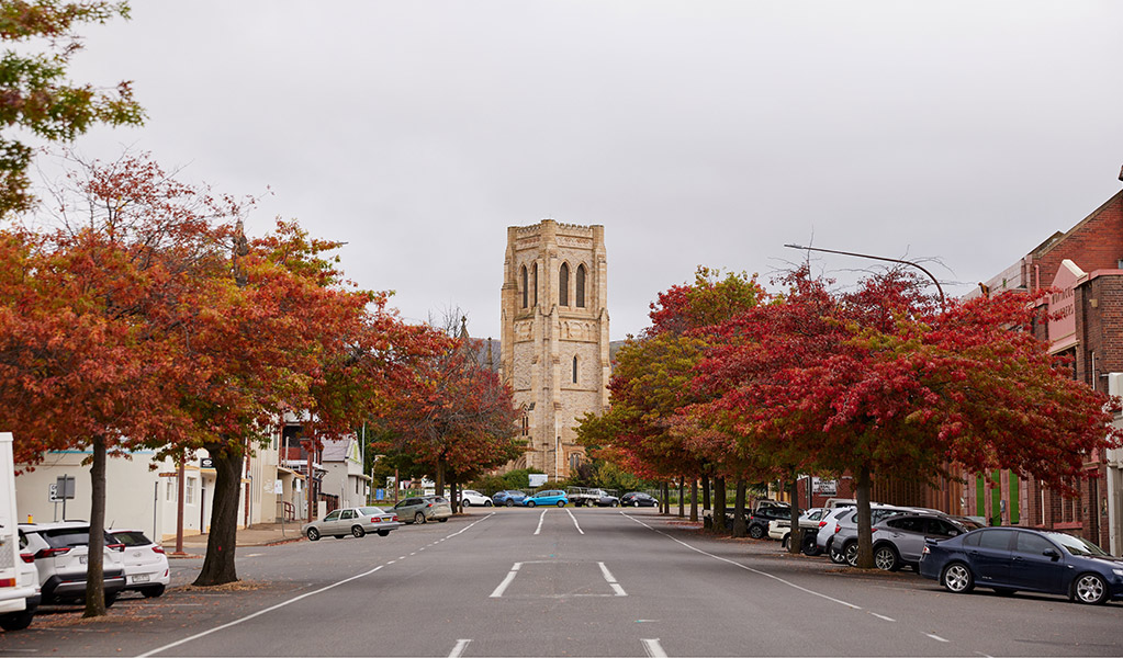 Streetscape and St Saviour's Cathedral pictured in Goulburn CBD. Photo: Destination NSW
