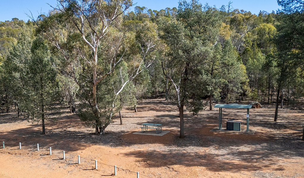 Picnic table and barbecue at The Pines picnic area in Cocoparra National Park. Credit: John Spencer &copy; DCCEEW 