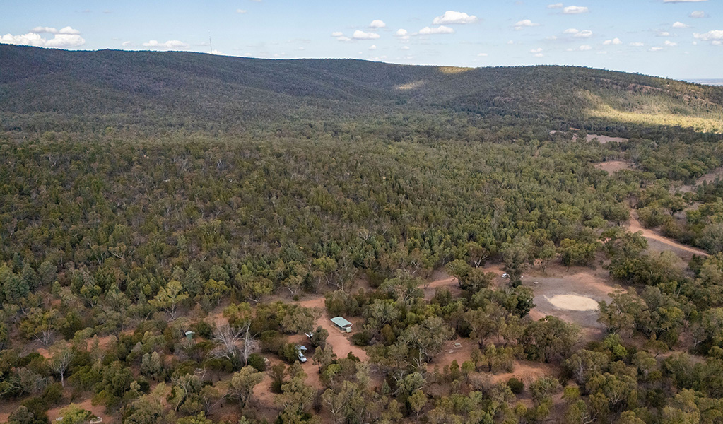 Aeiral view of the bushland around Woolshed Flat campground in Cocoparra National Park. Credit: Jonh Spencer &copy; DCCEEW